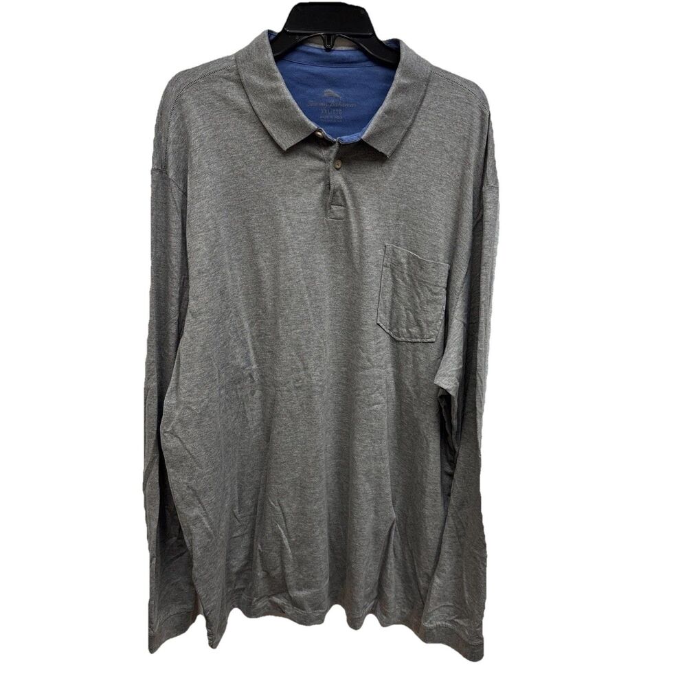 Tommy Bahama Shirt Long Sleeve Polo Gray Logo Pocket Cotton XXL Stretch Collar